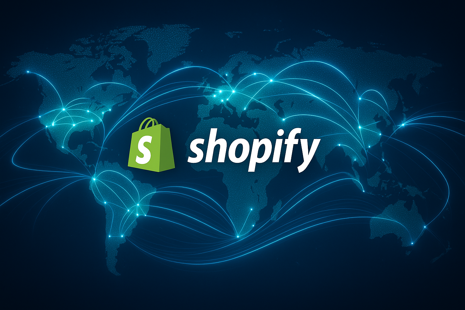 An image showing Shopify's global reach with a world map, connection points between continents, and the Shopify logo prominently displayed, conveying the platform's worldwide impact and power in e-commerce